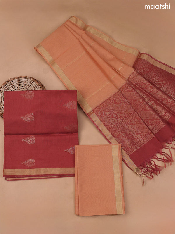 Dark Rust and Peach Silk Cotton Dress Material With Zari Buttas and Bottom & Zari Dupatta