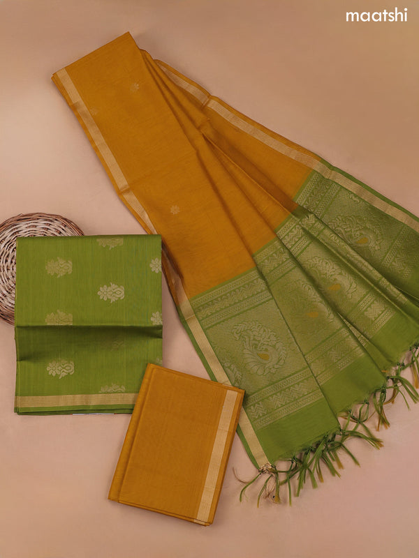 Green and Mustard Yellow Silk Cotton Dress Material With Zari Buttas and Bottom & Zari Dupatta