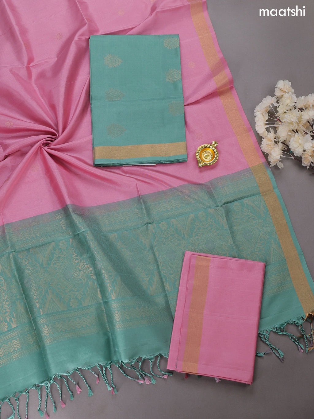 Pastel Green and Lotus Pink Pure Silk Dress Material With Zari Buttas