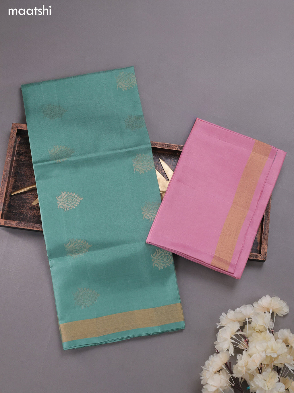 Pastel Green and Lotus Pink Pure Silk Dress Material With Zari Buttas