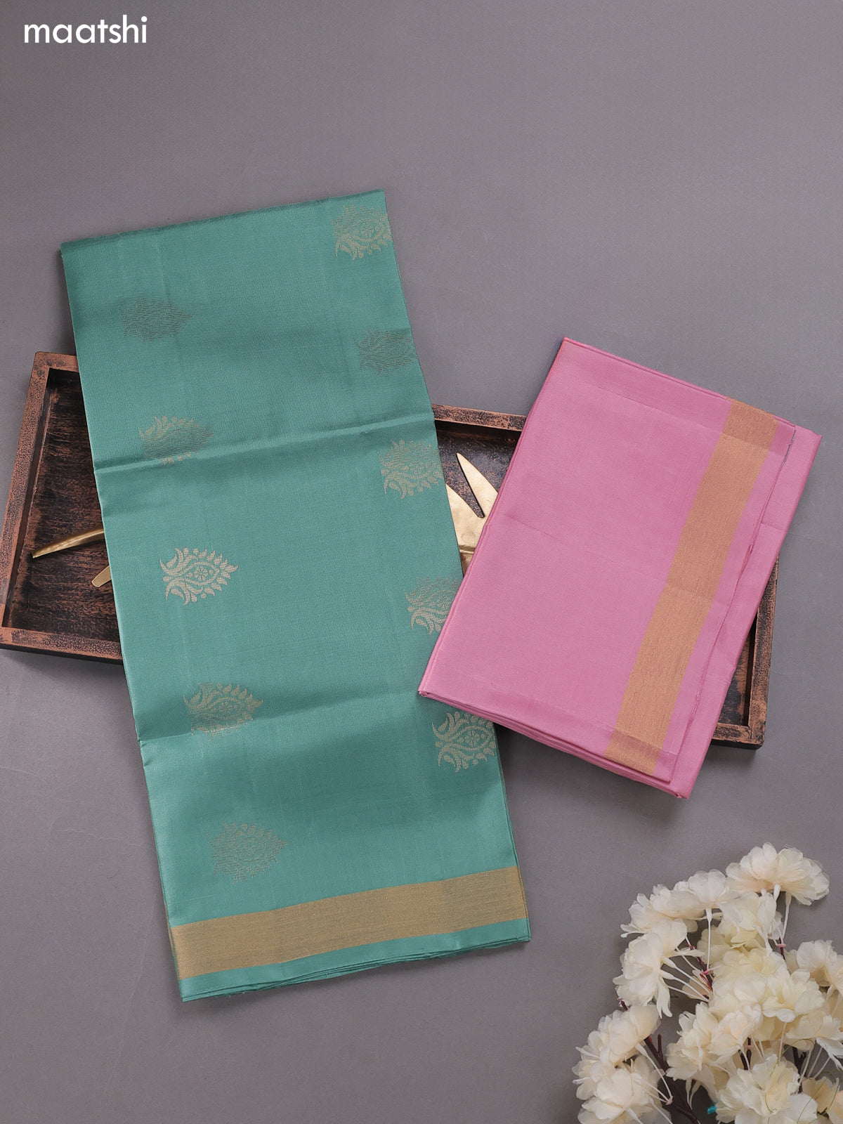Pastel Green and Lotus Pink Pure Silk Dress Material With Zari Buttas