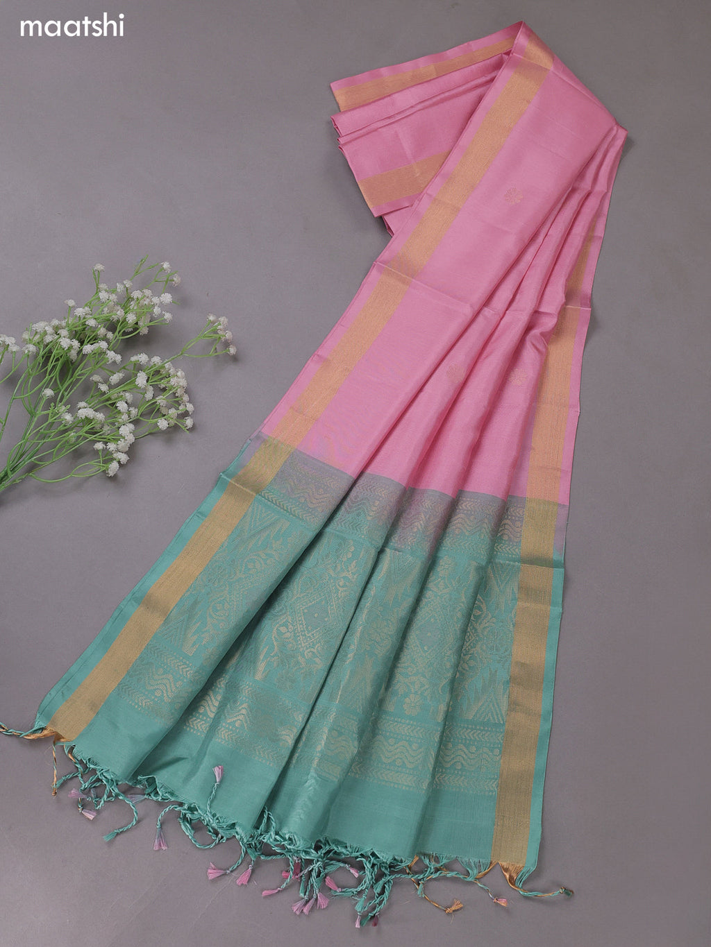 Pastel Green and Lotus Pink Pure Silk Dress Material With Zari Buttas