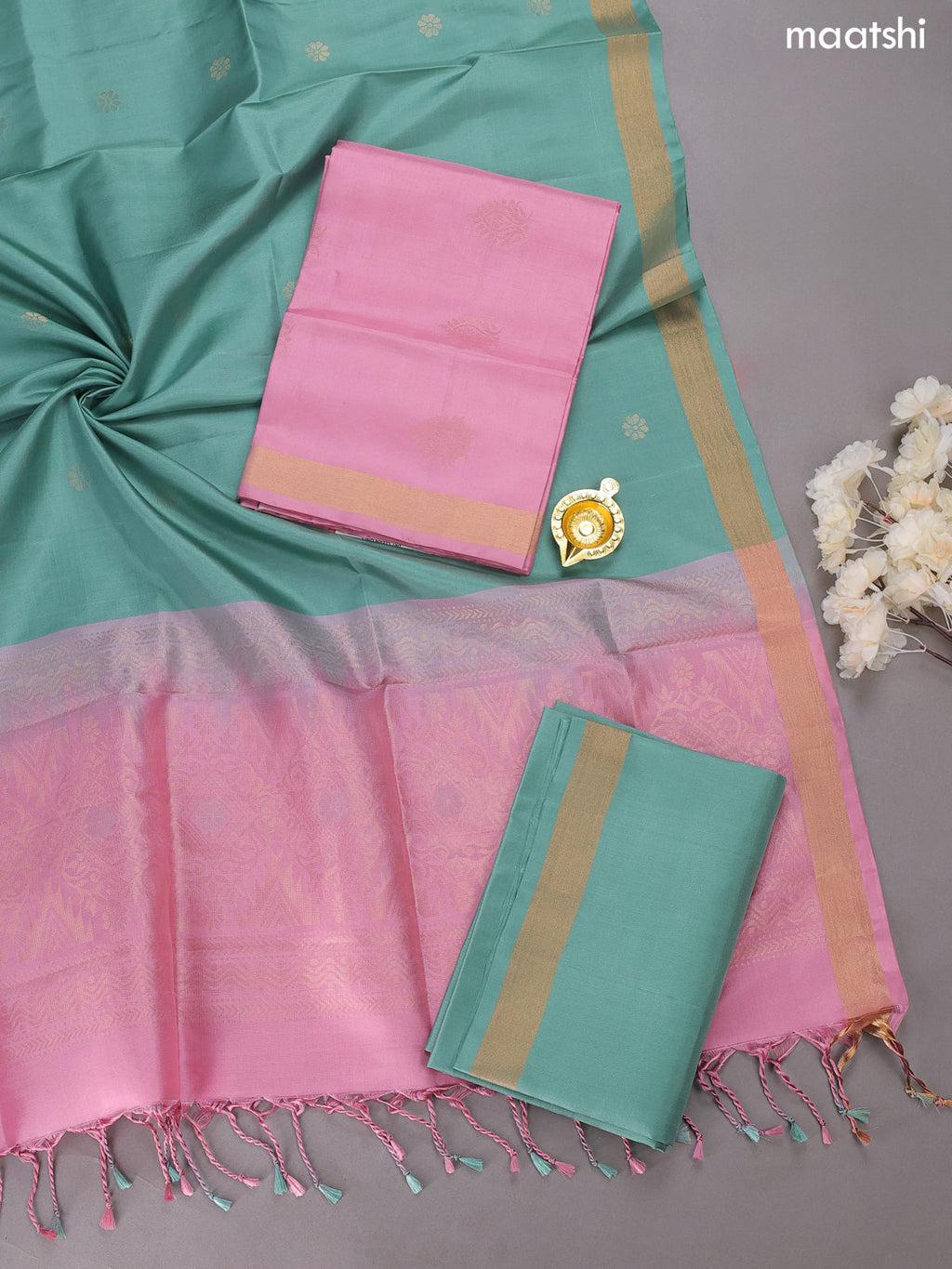 Lotus Pink and Pastel Green Pure Silk Dress Material With Zari Buttas