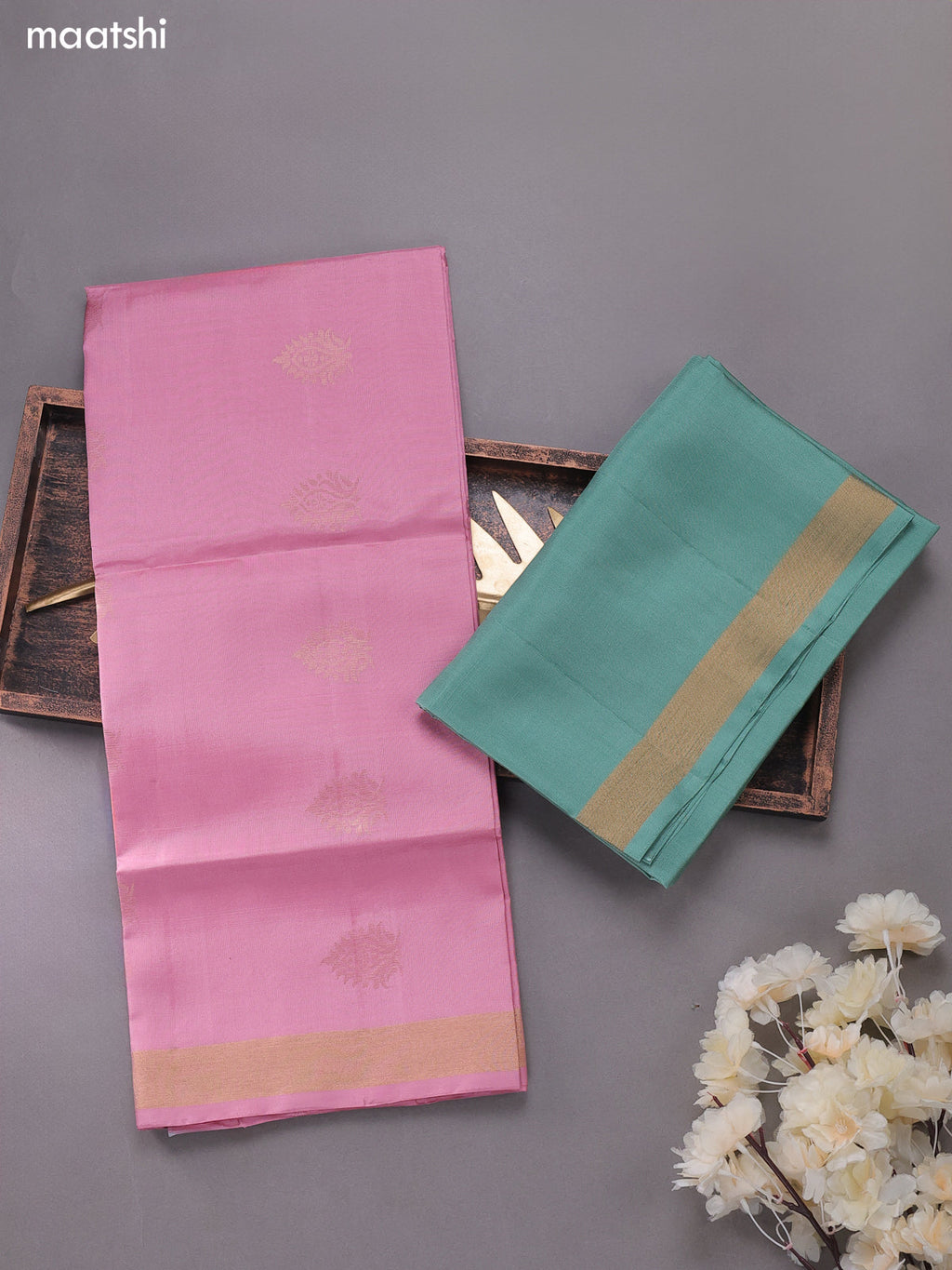 Lotus Pink and Pastel Green Pure Silk Dress Material With Zari Buttas