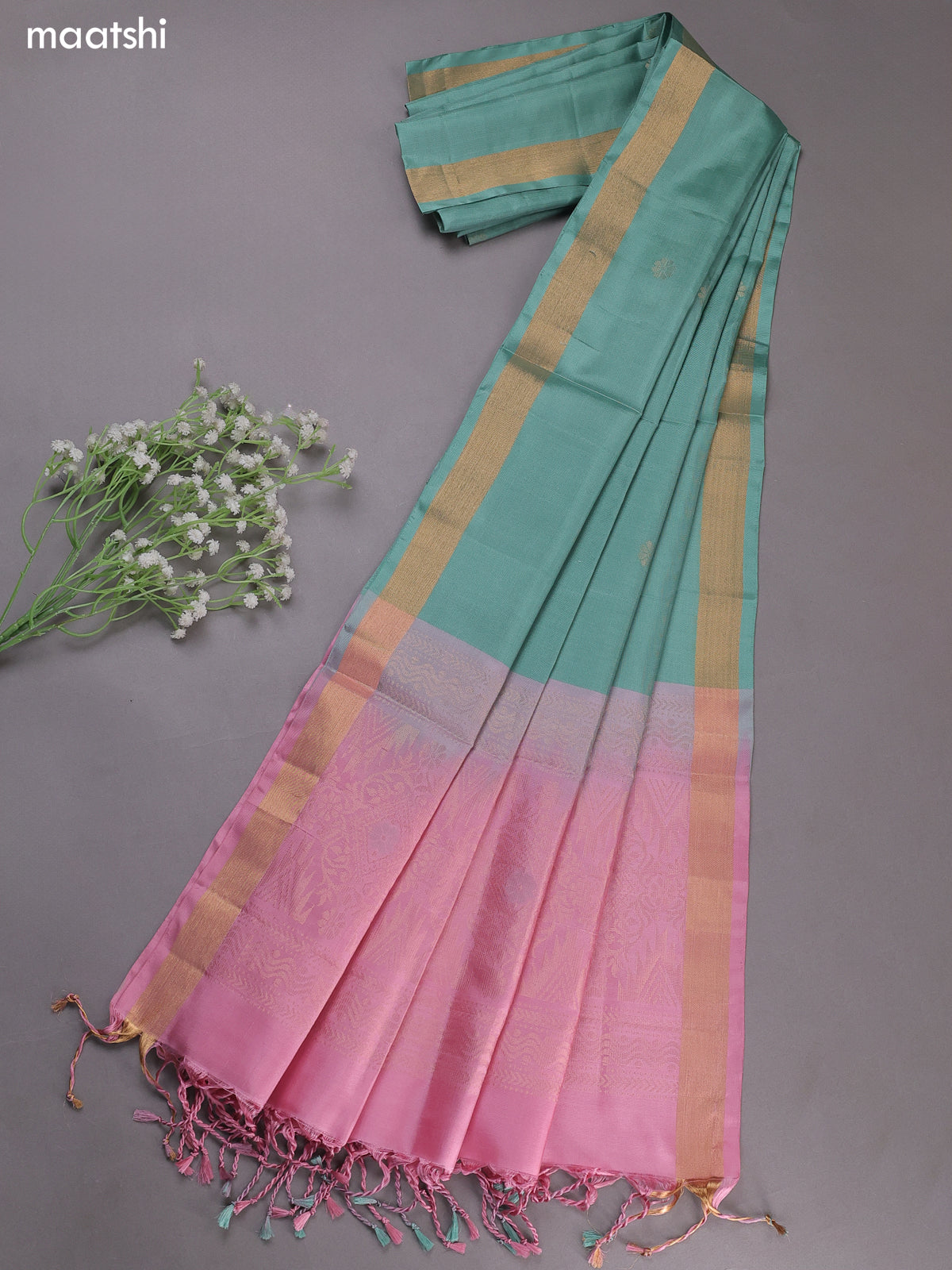 Lotus Pink and Pastel Green Pure Silk Dress Material With Zari Buttas
