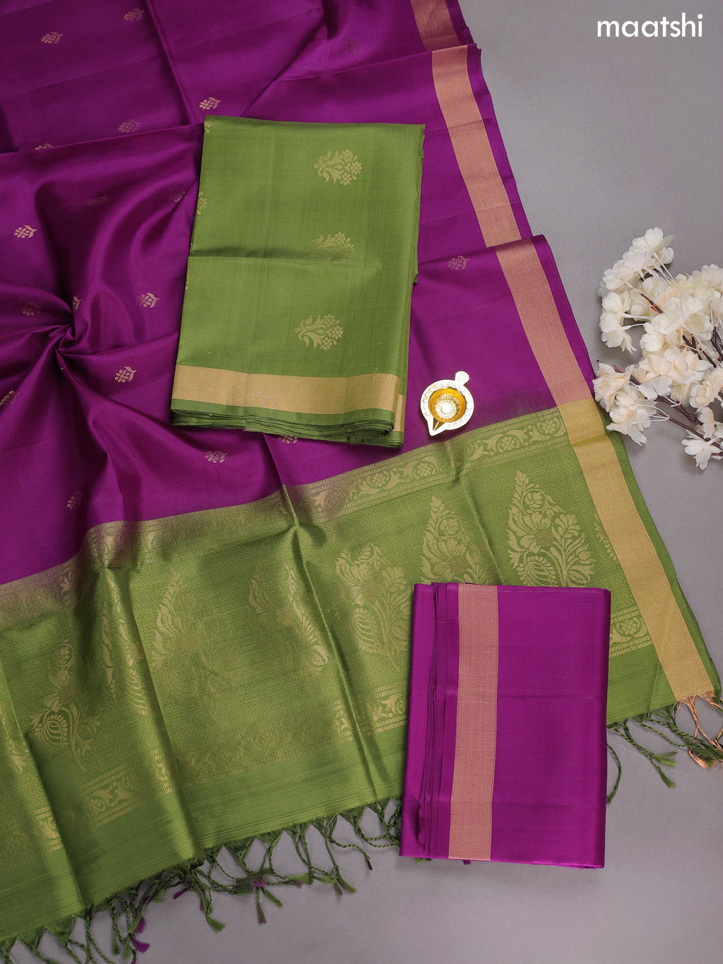 Green and Violet Pure Silk Dress Material With Zari Buttas