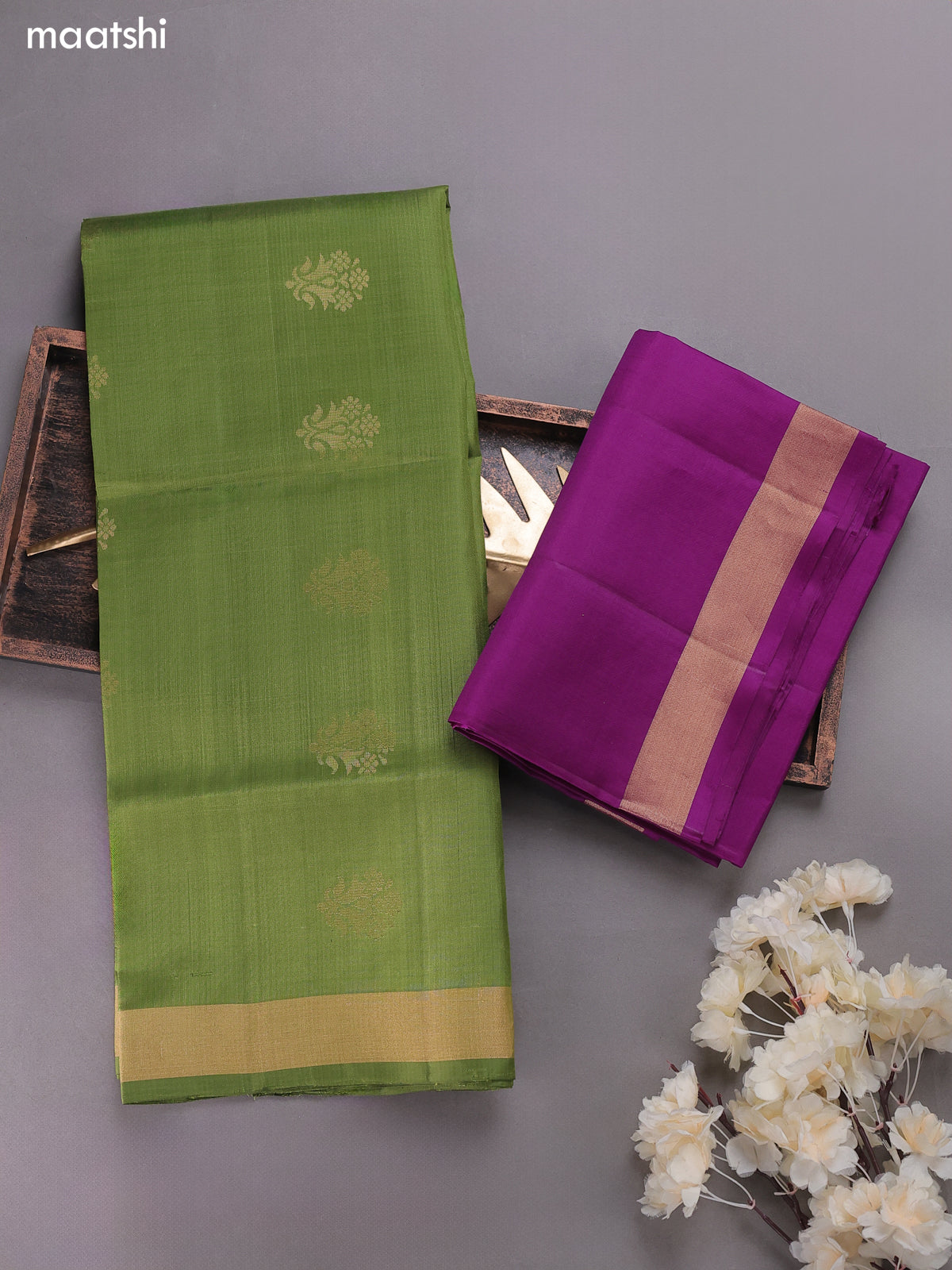 Green and Violet Pure Silk Dress Material With Zari Buttas