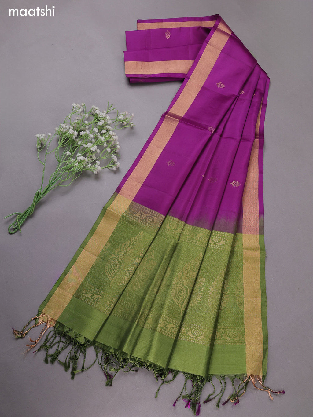 Green and Violet Pure Silk Dress Material With Zari Buttas