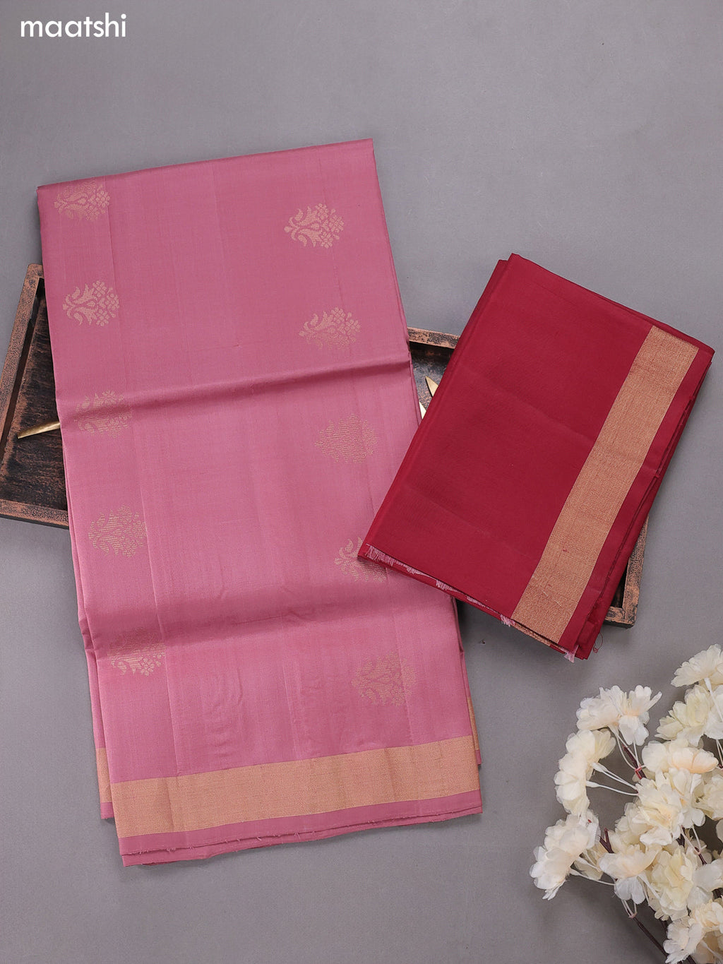 Mauve Pink and Maroon Pure Silk Dress Material With Zari Buttas