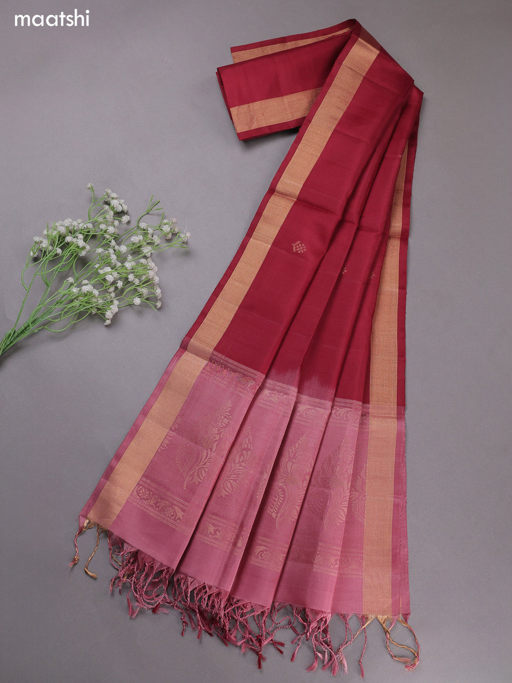 Mauve Pink and Maroon Pure Silk Dress Material With Zari Buttas