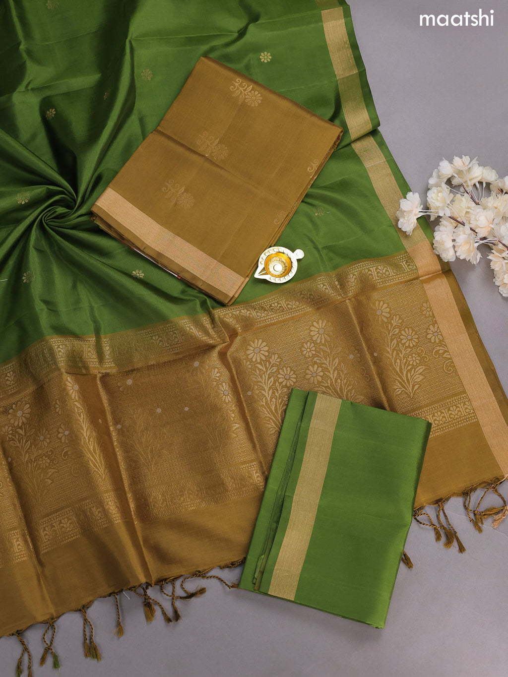 Mehandi and Green Pure Silk Dress Material With Zari Buttas