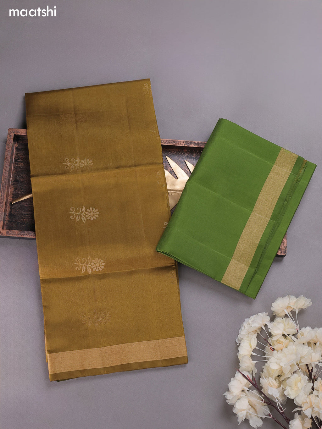 Mehandi and Green Pure Silk Dress Material With Zari Buttas