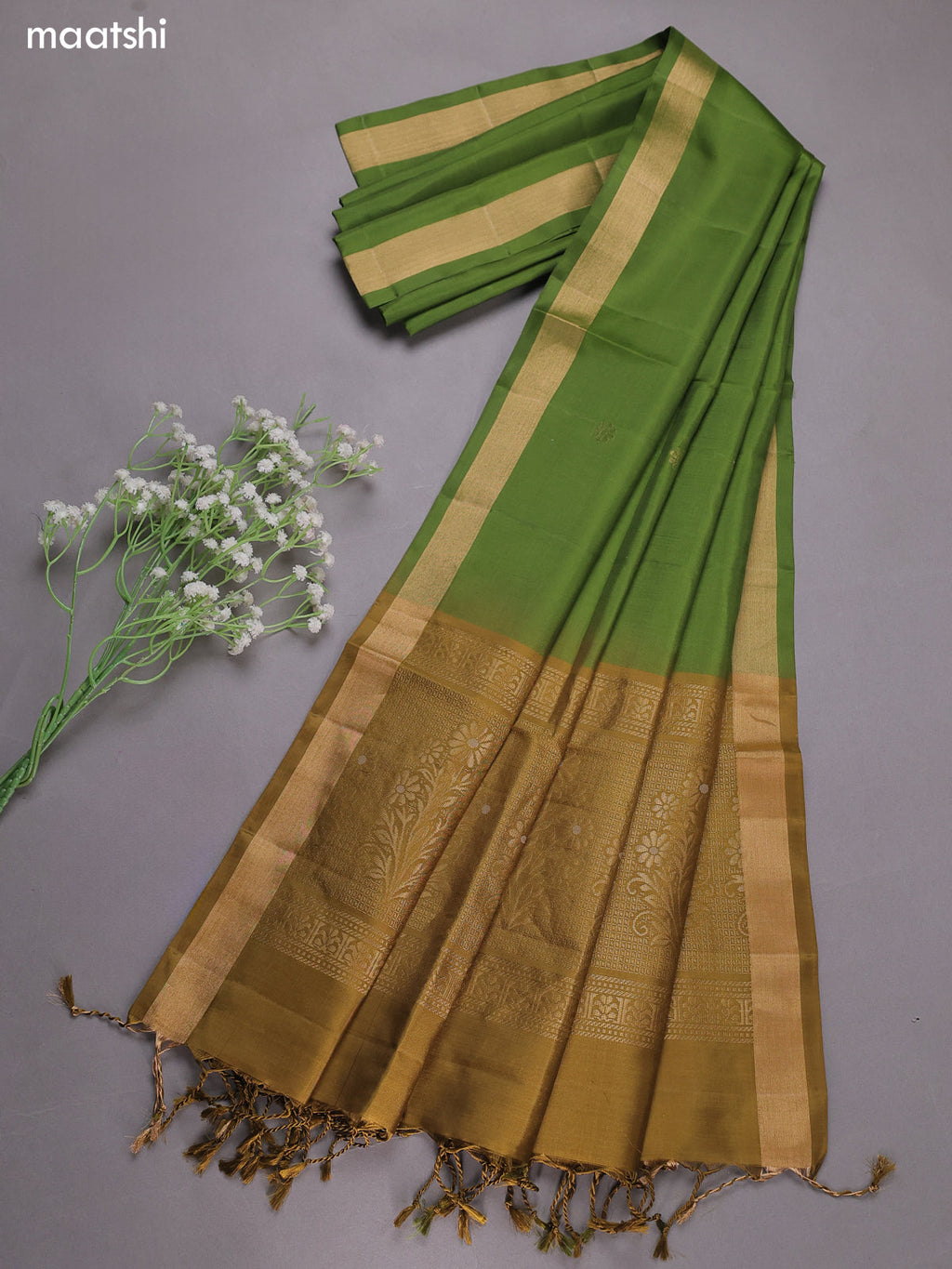 Mehandi and Green Pure Silk Dress Material With Zari Buttas