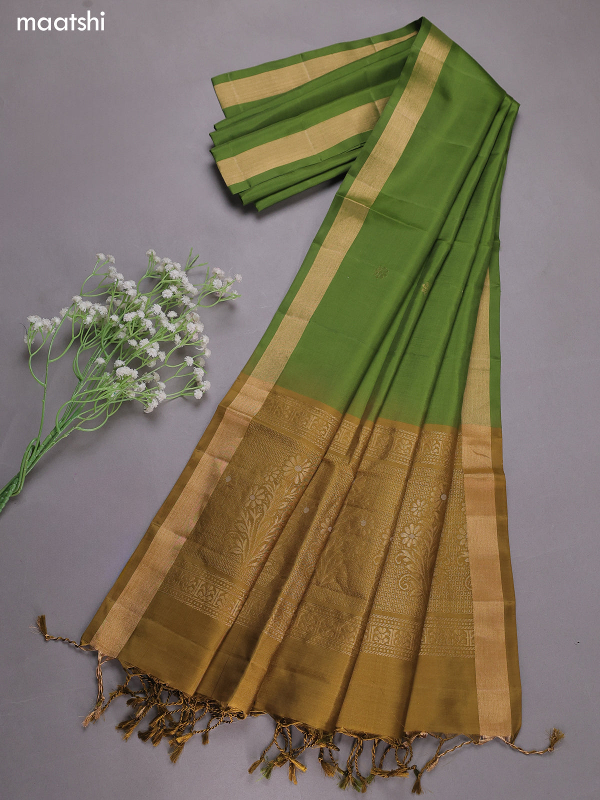 Mehandi and Green Pure Silk Dress Material With Zari Buttas