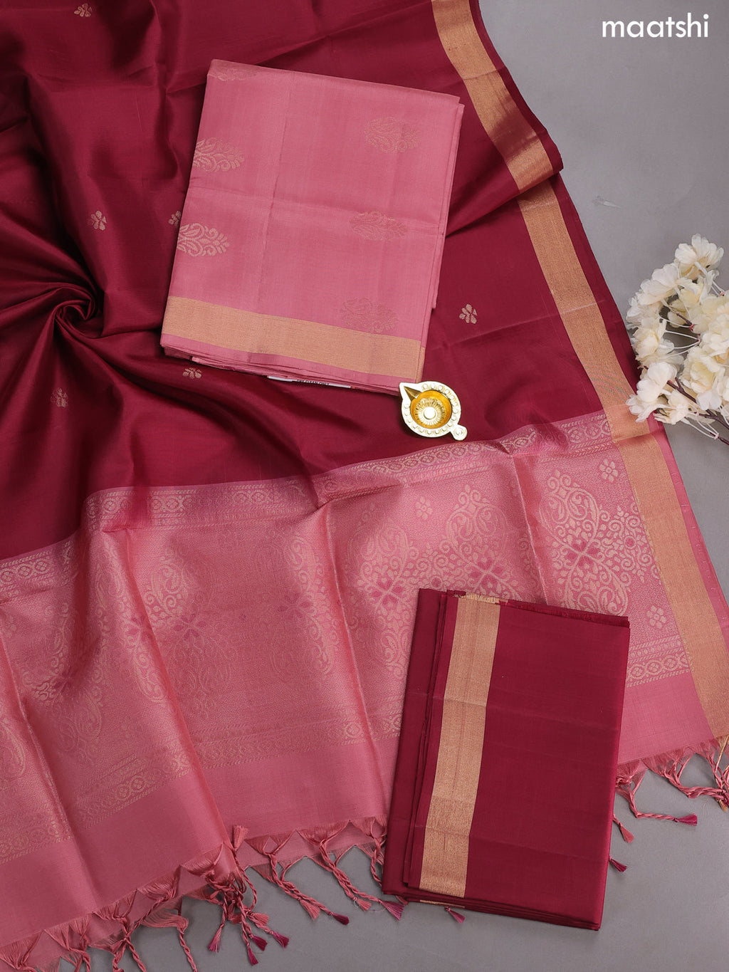 Mauve Pink and Maroon Pure Silk Dress Material With Zari Buttas