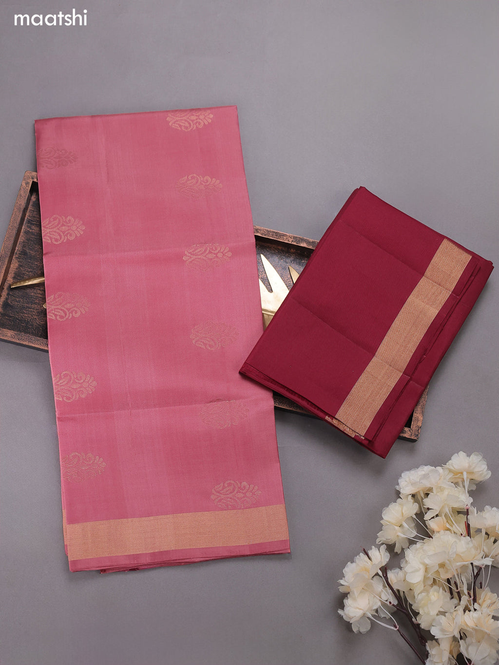 Mauve Pink and Maroon Pure Silk Dress Material With Zari Buttas