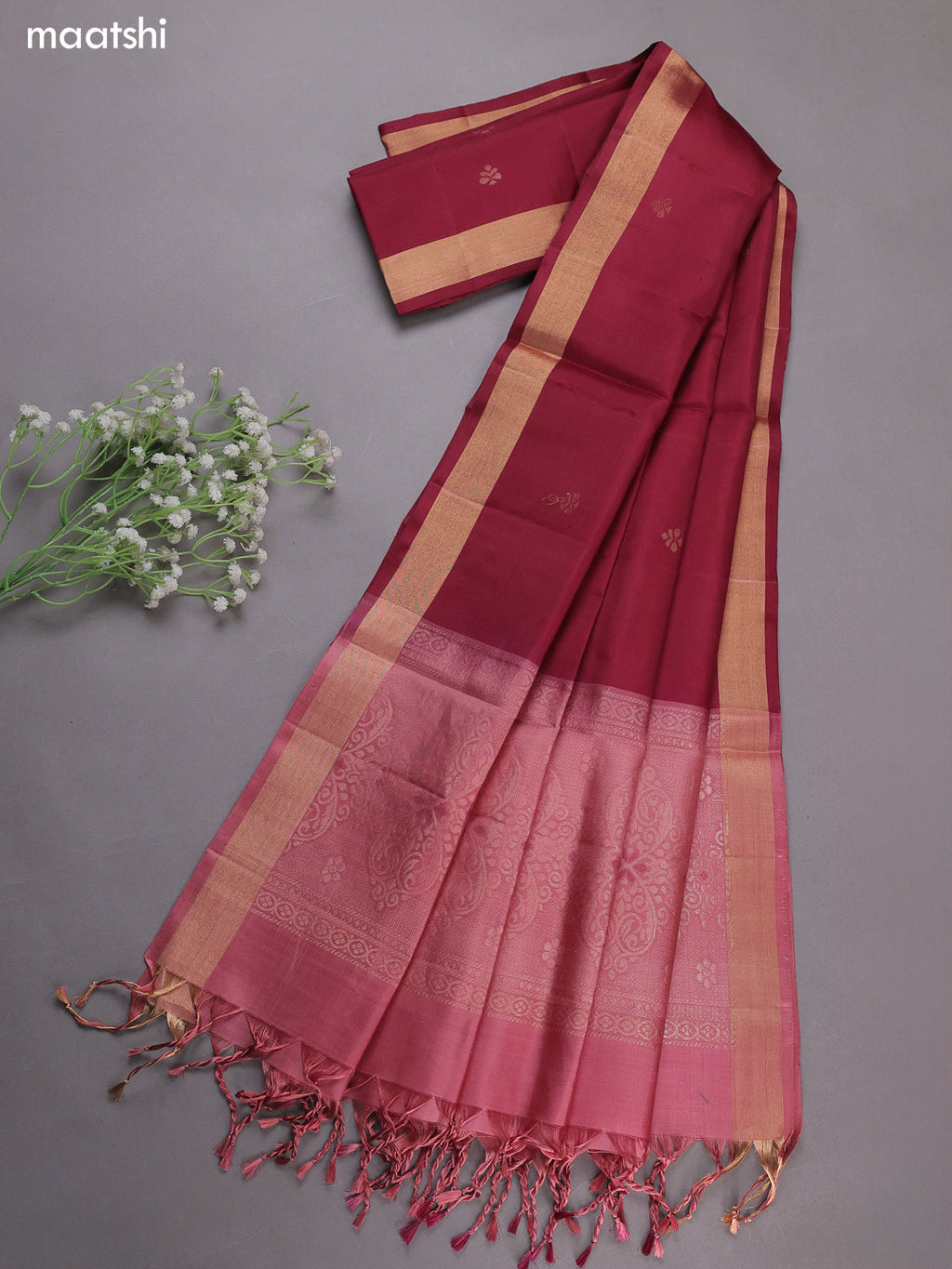 Mauve Pink and Maroon Pure Silk Dress Material With Zari Buttas