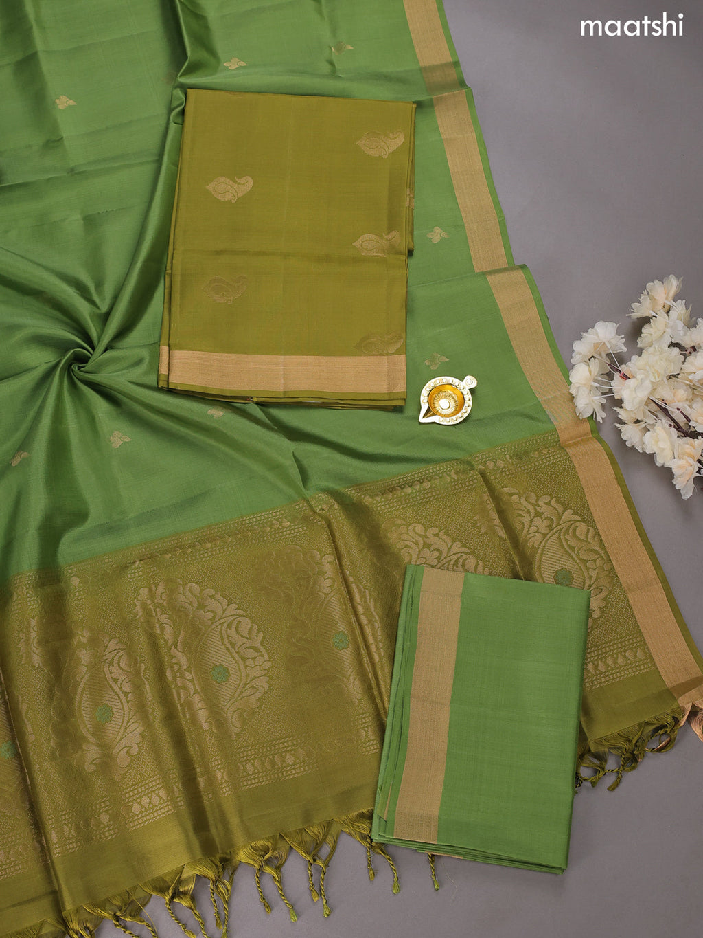 Mehandi and Green Pure Silk Dress Material With Zari Buttas