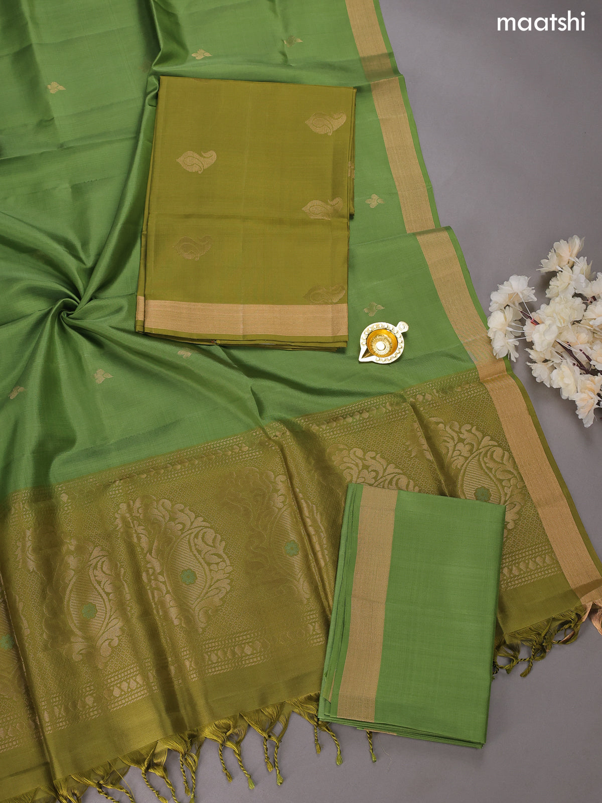 Mehandi and Green Pure Silk Dress Material With Zari Buttas
