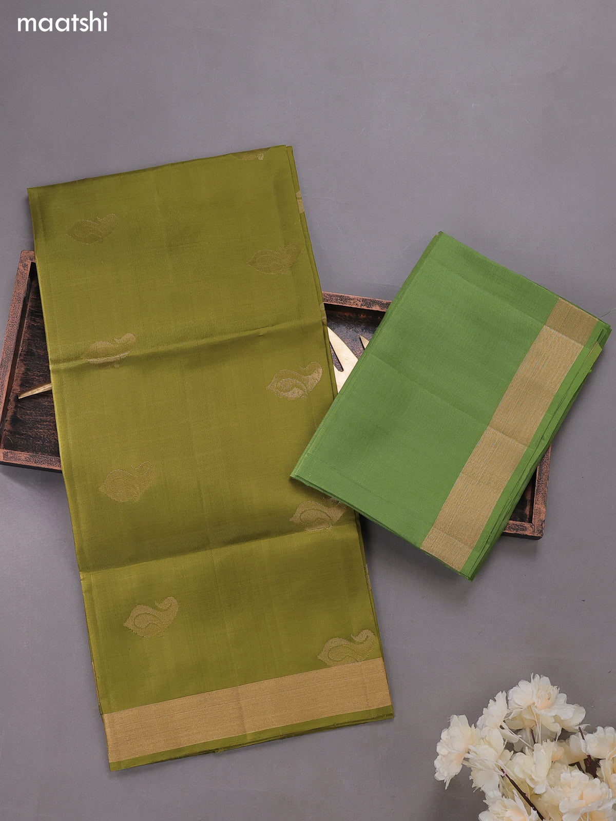 Mehandi and Green Pure Silk Dress Material With Zari Buttas