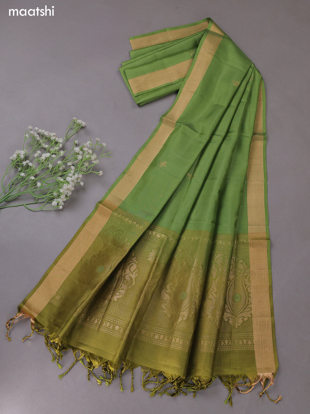Mehandi and Green Pure Silk Dress Material With Zari Buttas