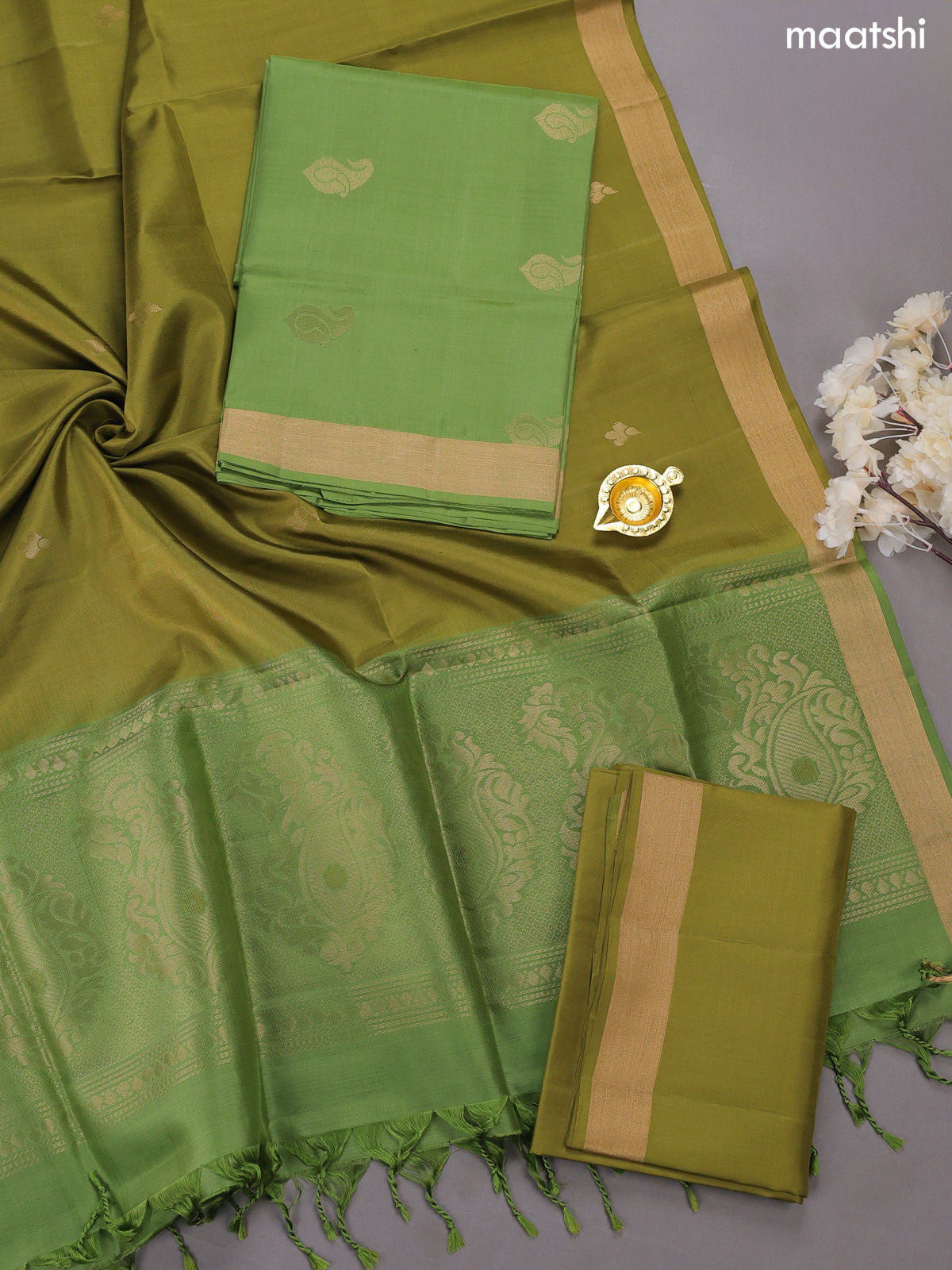 Green and Mehandi Pure Silk Dress Material With Zari Buttas