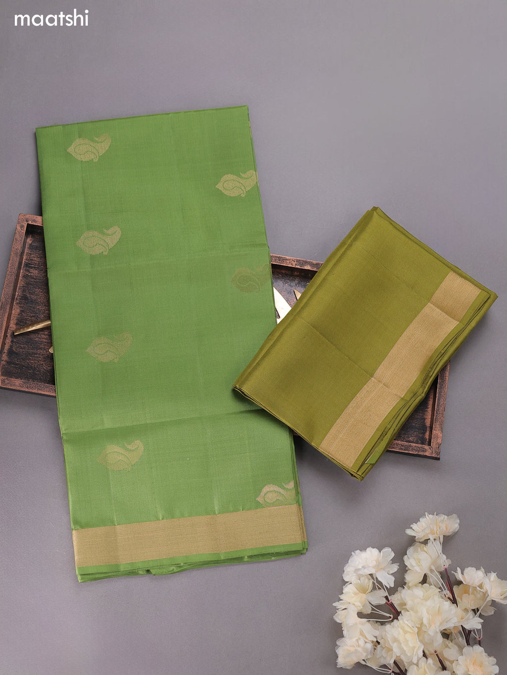 Green and Mehandi Pure Silk Dress Material With Zari Buttas