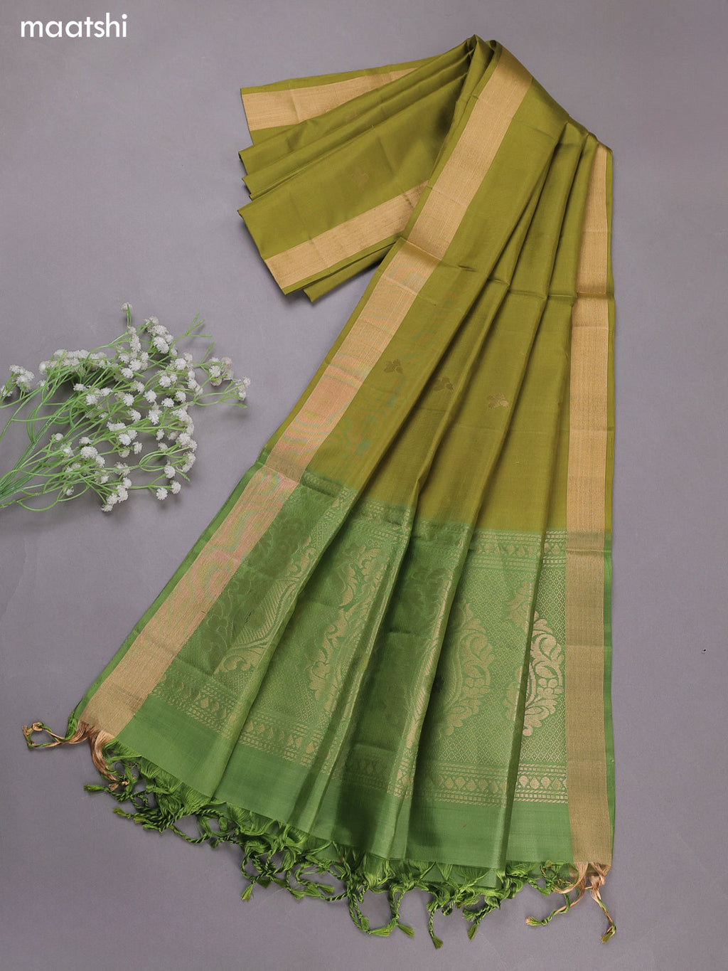 Green and Mehandi Pure Silk Dress Material With Zari Buttas