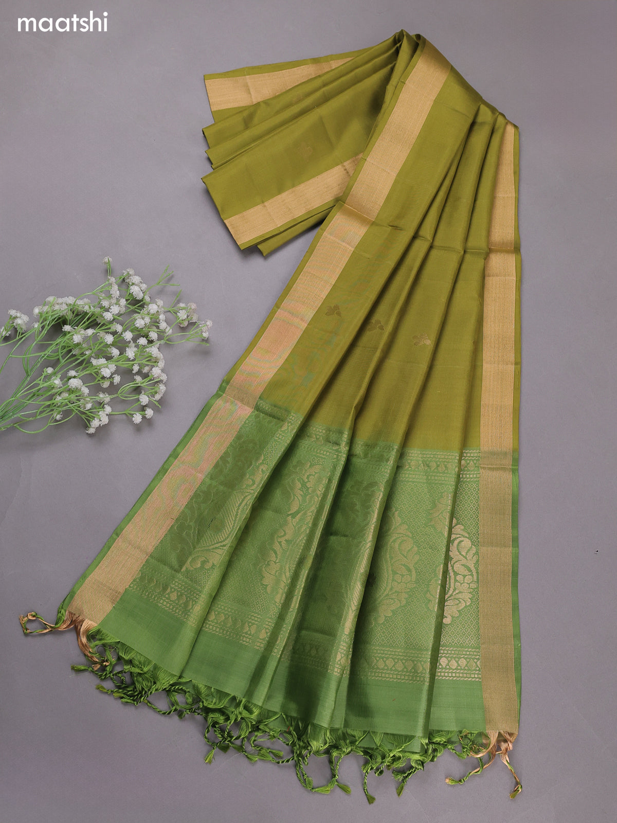 Green and Mehandi Pure Silk Dress Material With Zari Buttas