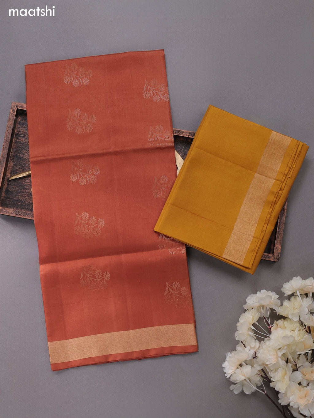 Brown and Mustard Pure Silk Dress Material With Zari Buttas