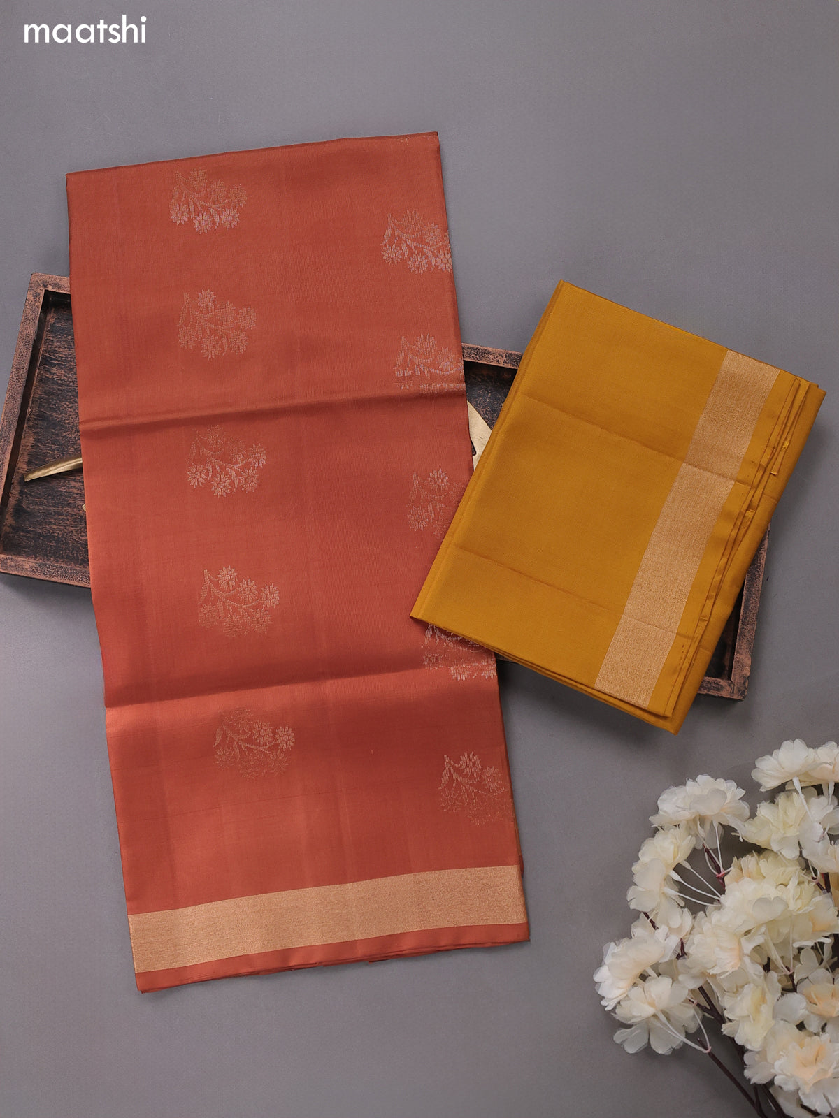 Brown and Mustard Pure Silk Dress Material With Zari Buttas