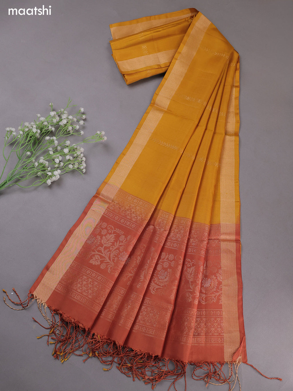 Brown and Mustard Pure Silk Dress Material With Zari Buttas
