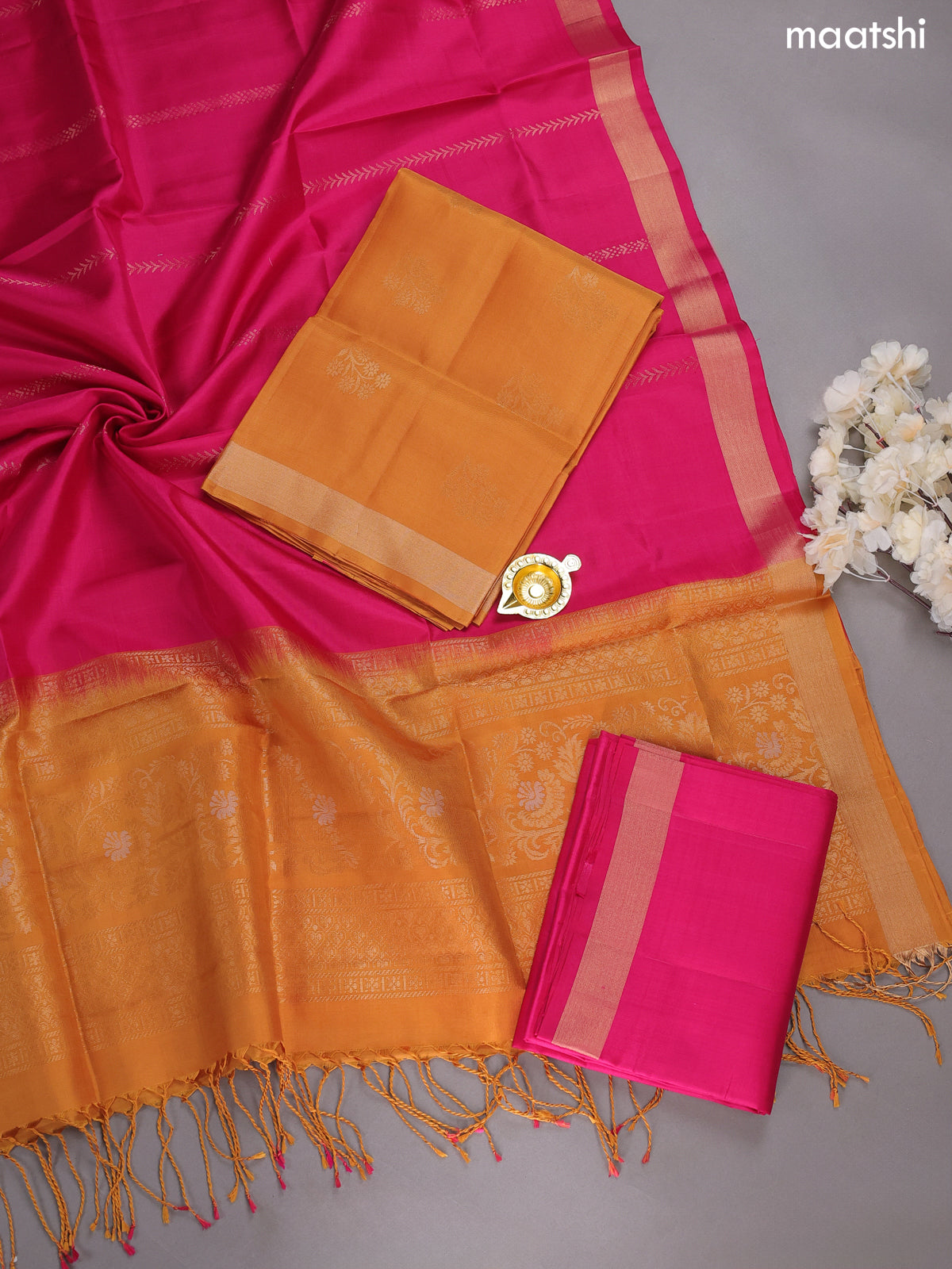 Mustard and Pink Pure Silk Dress Material With Zari Buttas