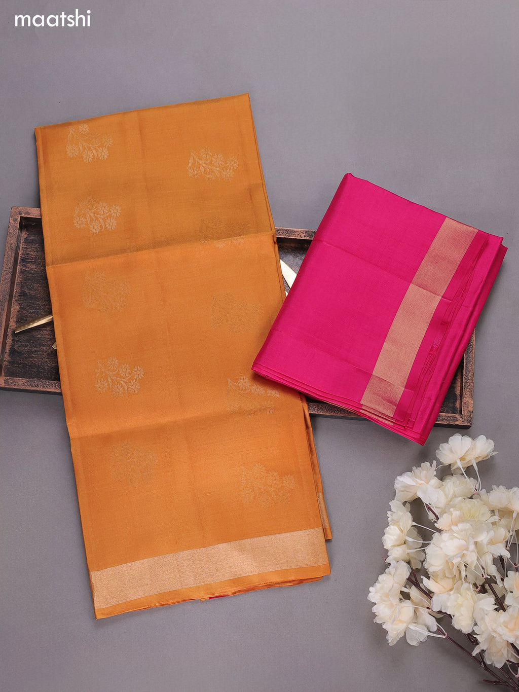 Mustard and Pink Pure Silk Dress Material With Zari Buttas