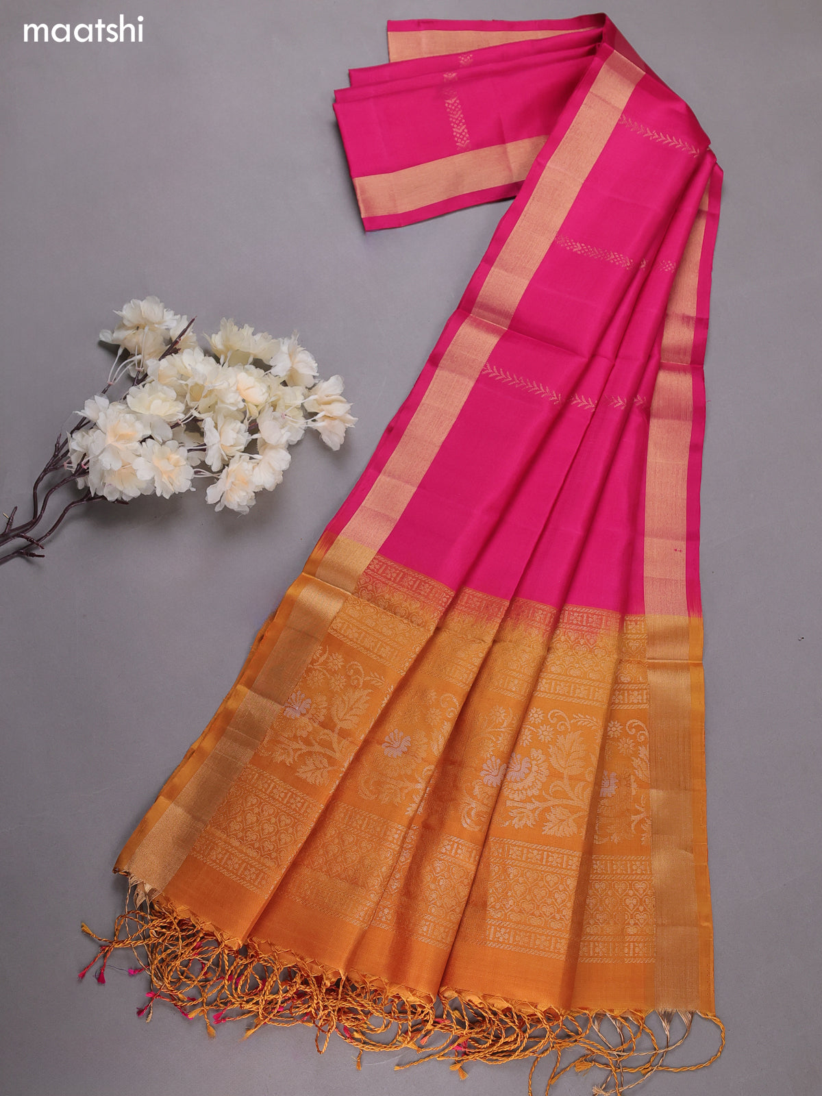 Mustard and Pink Pure Silk Dress Material With Zari Buttas