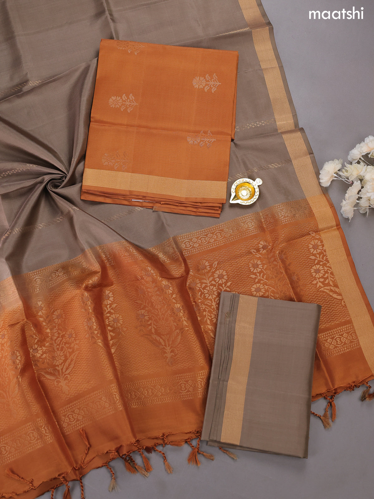 Mustard and Grey Pure Silk Dress Material With Zari Buttas