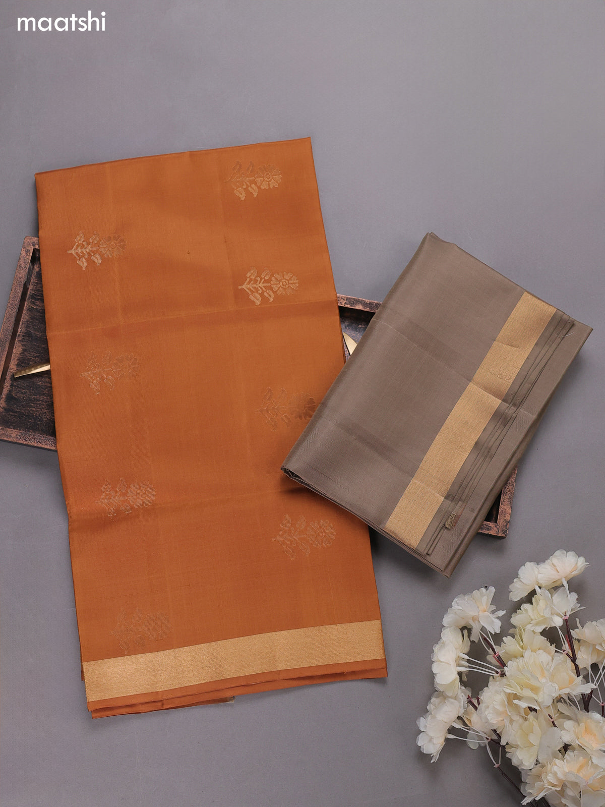 Mustard and Grey Pure Silk Dress Material With Zari Buttas