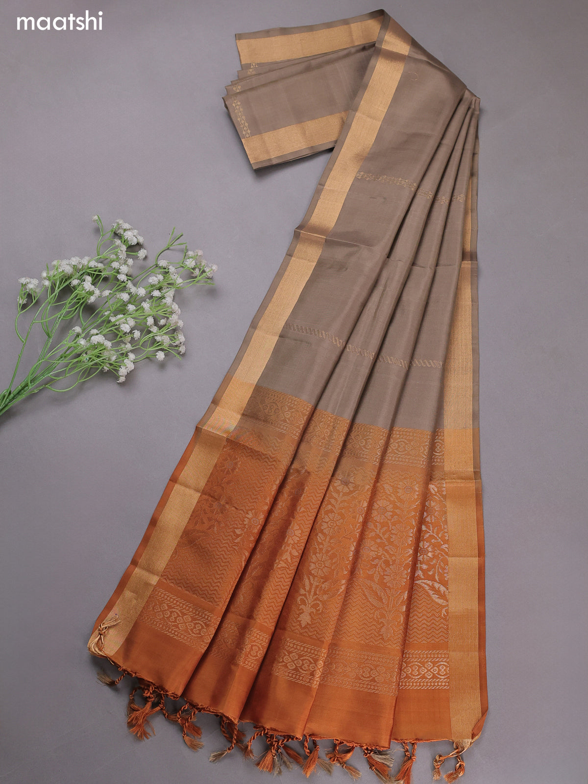 Mustard and Grey Pure Silk Dress Material With Zari Buttas