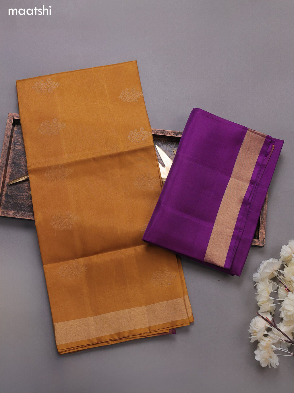 Mustard and Violet Pure Silk Dress Material With Zari Buttas