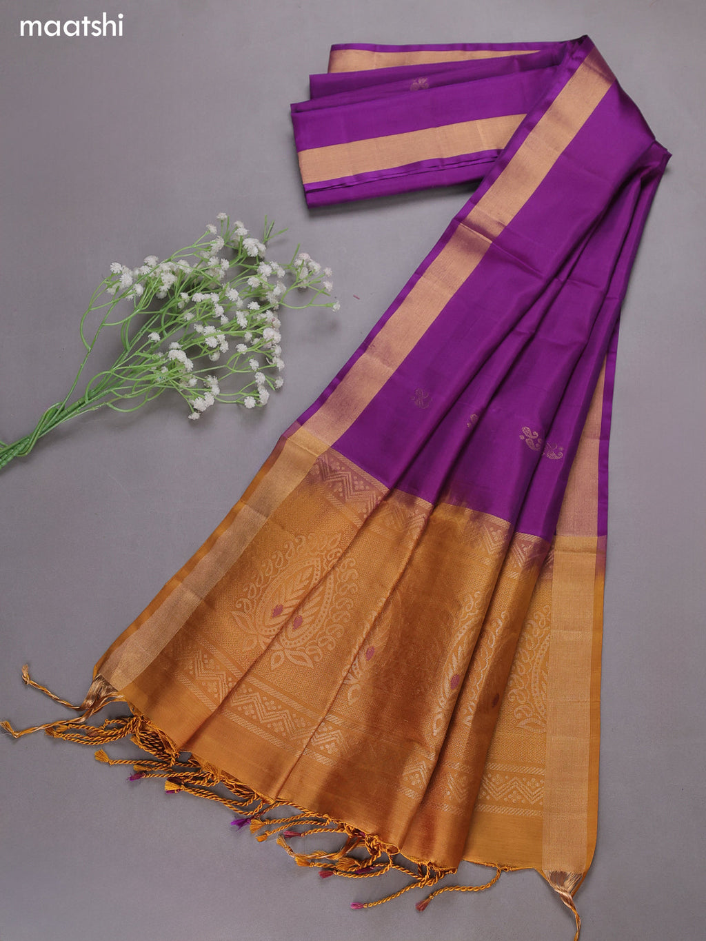 Mustard and Violet Pure Silk Dress Material With Zari Buttas