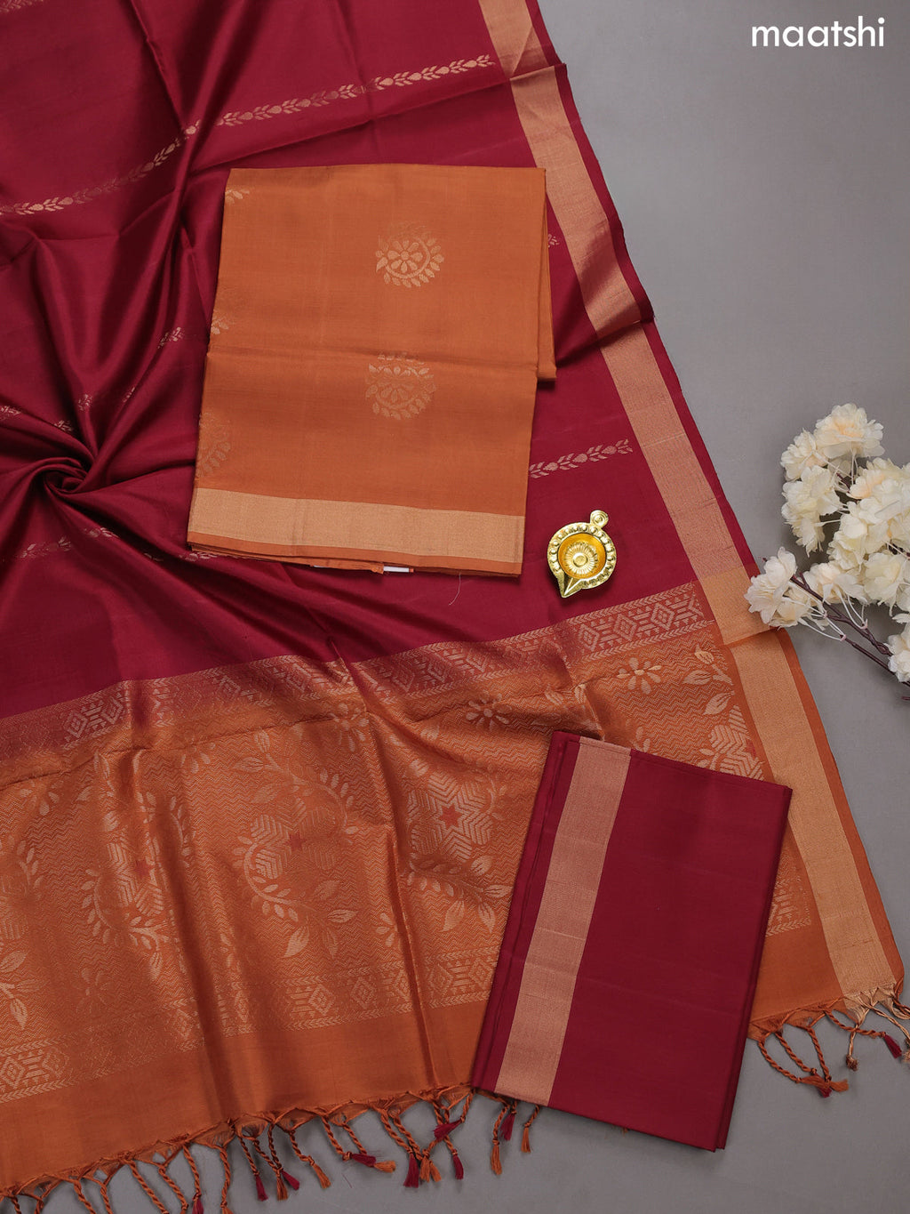 Dark Mustard and Maroon Pure Silk Dress Material With Zari Buttas