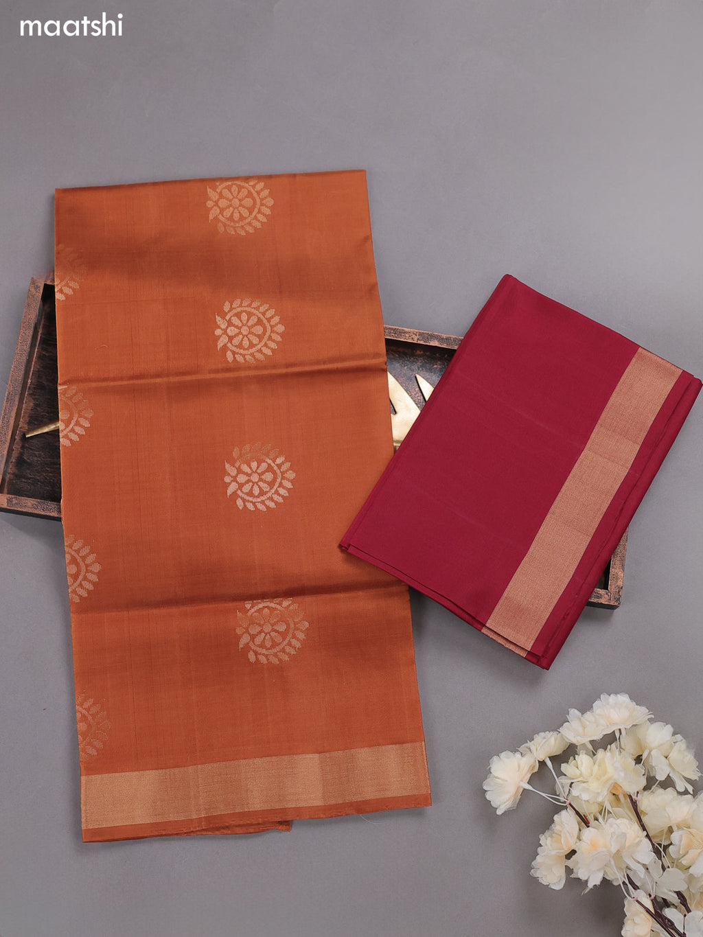 Dark Mustard and Maroon Pure Silk Dress Material With Zari Buttas