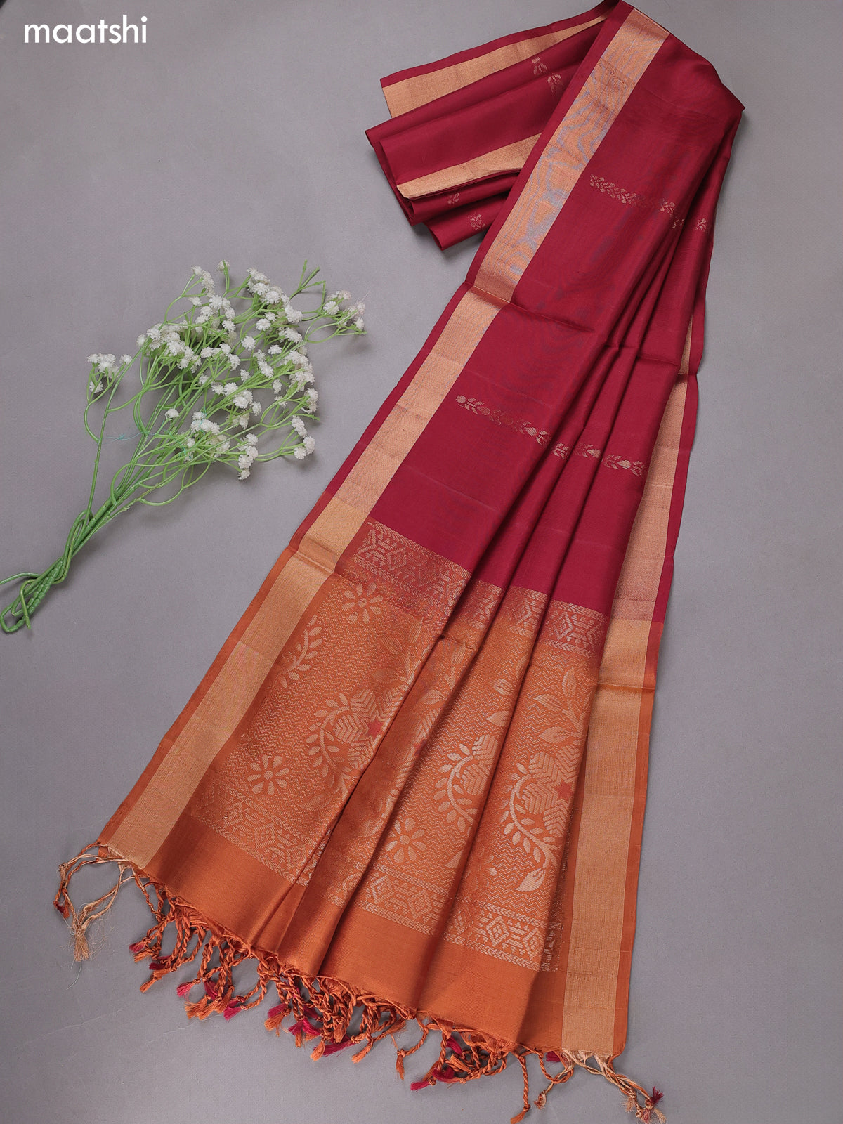 Dark Mustard and Maroon Pure Silk Dress Material With Zari Buttas