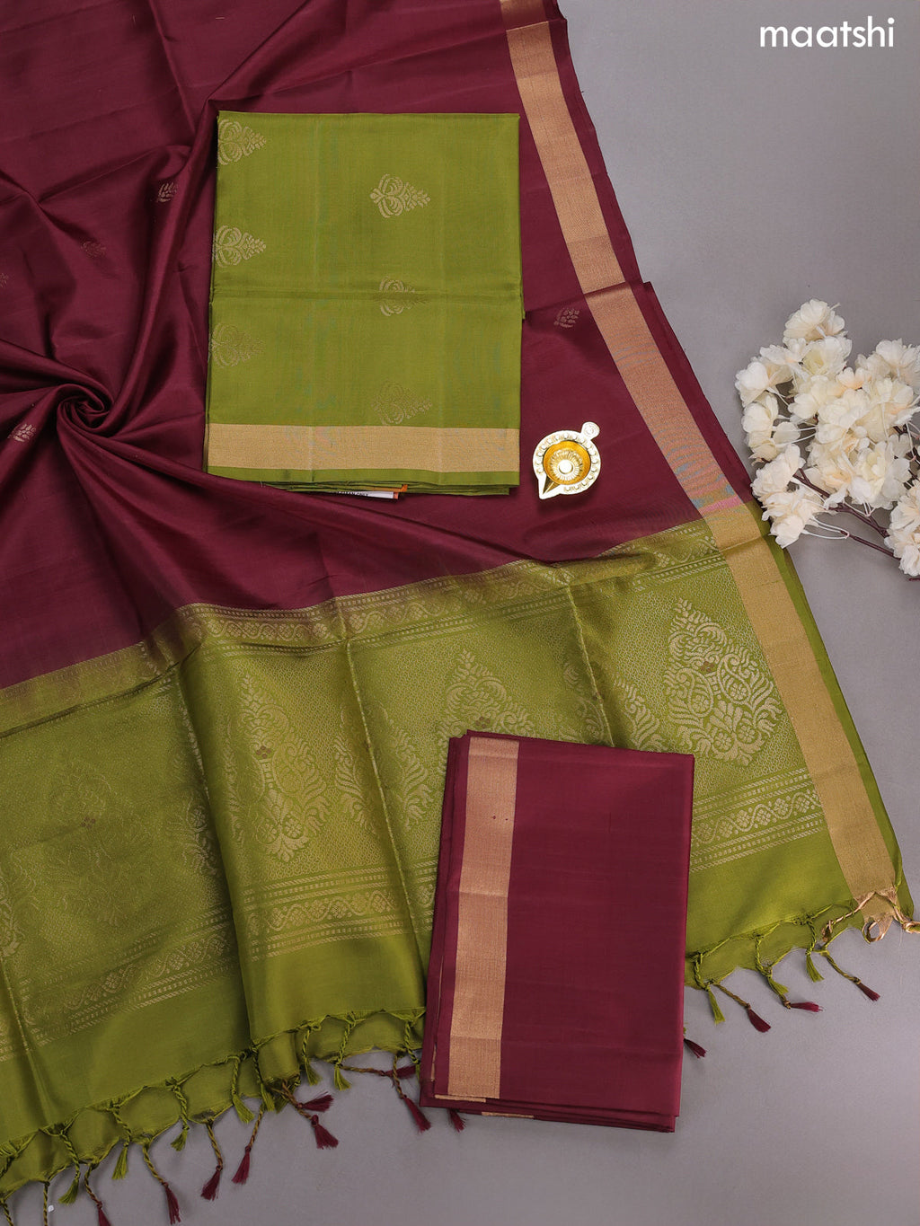 Green and Brown Pure Silk Dress Material With Zari Buttas