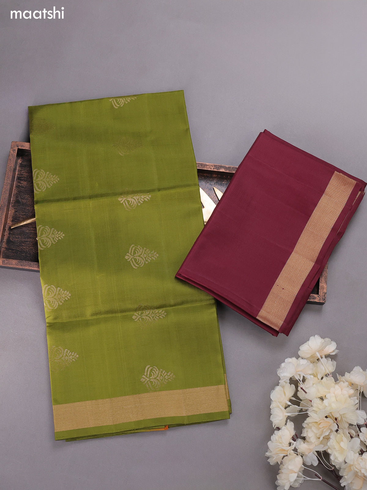 Green and Brown Pure Silk Dress Material With Zari Buttas