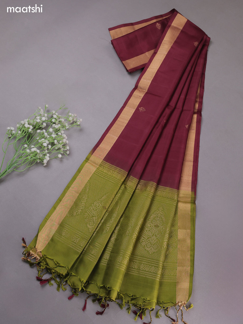 Green and Brown Pure Silk Dress Material With Zari Buttas