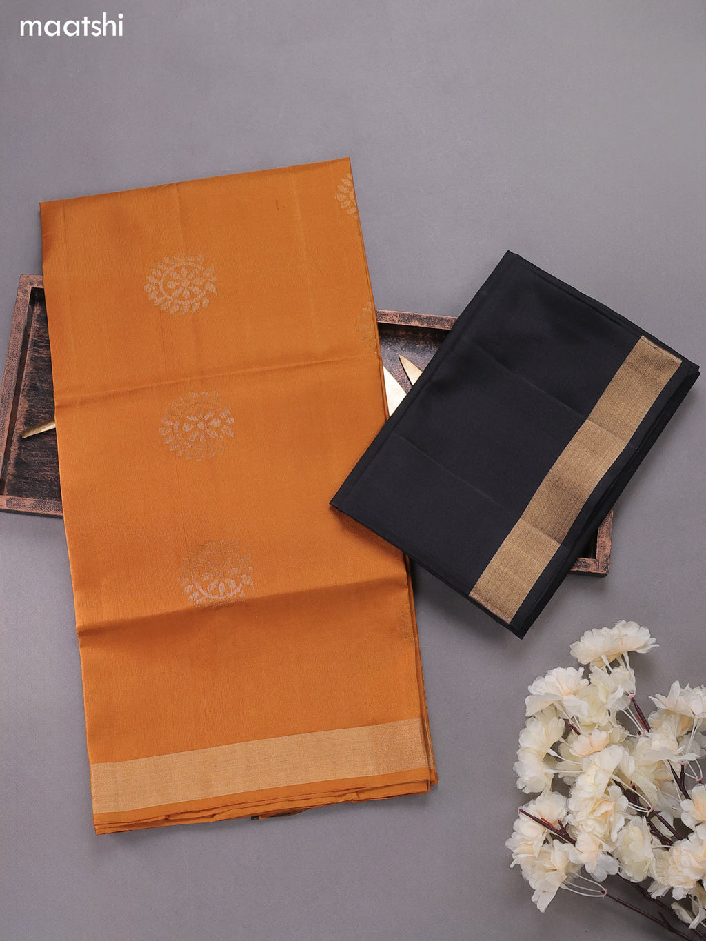 Mustard and Black Pure Silk Dress Material With Zari Buttas