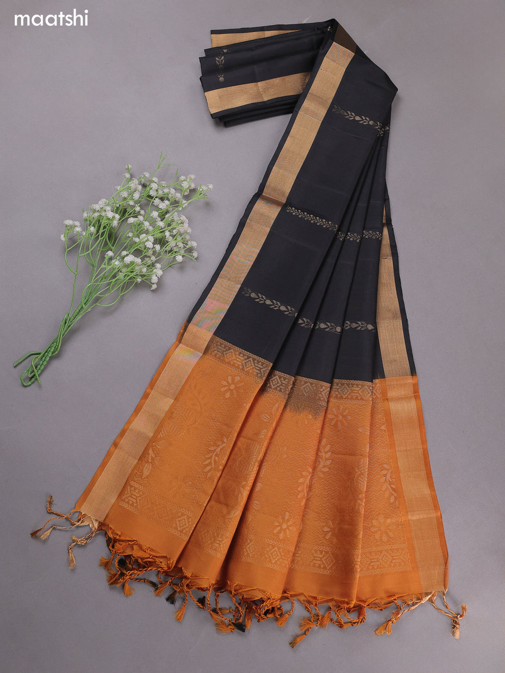 Mustard and Black Pure Silk Dress Material With Zari Buttas