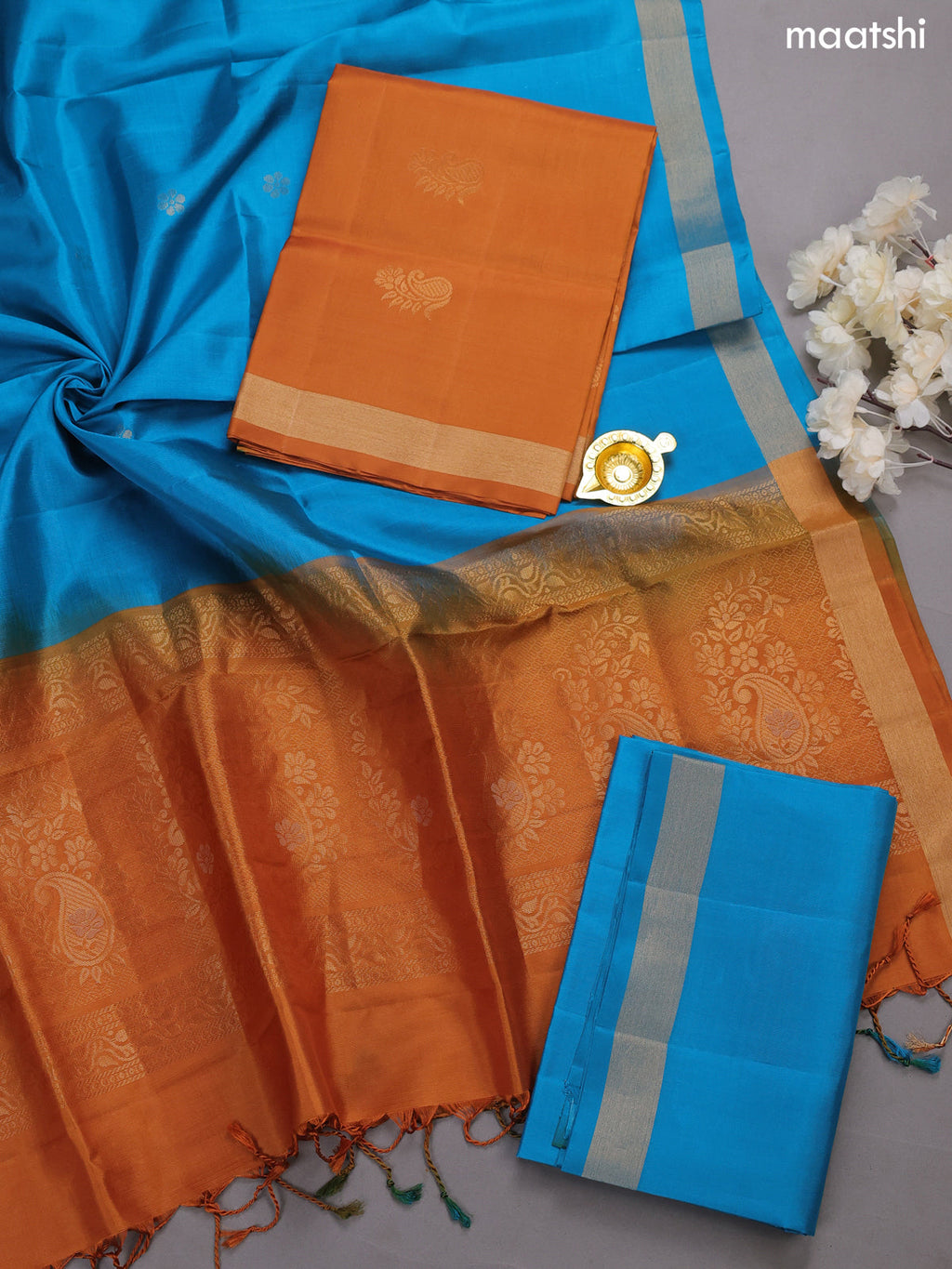 Dark Mustard and Blue Pure Silk Dress Material With Zari Buttas
