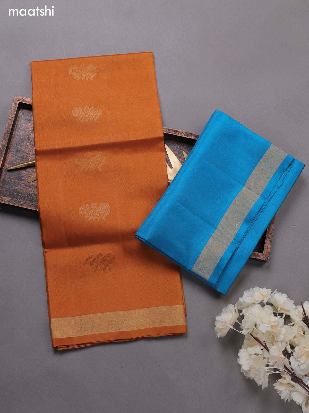 Dark Mustard and Blue Pure Silk Dress Material With Zari Buttas